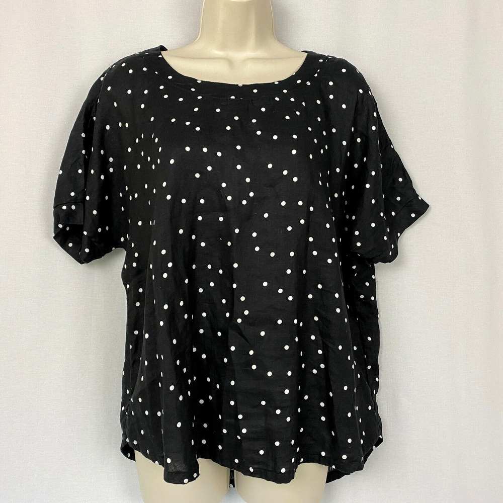 Lisa Bayne Linen Top Small Womens Black Polka Dot Flowy Oversize Lightweight‎